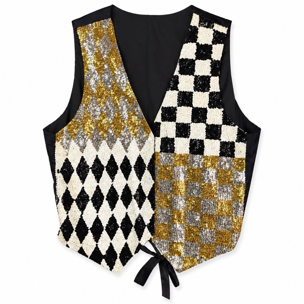 VTG Handmade Sequin Beaded Vest Patchwork Harlequin Checkerboard Statement